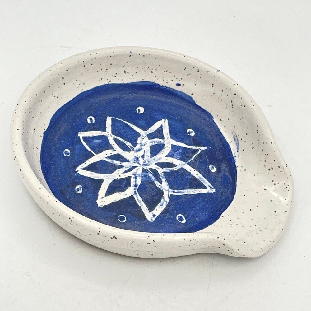 Studio Art Pottery Lotus Spoon Rest Cobalt Blue Speckled Cream Signed KAT